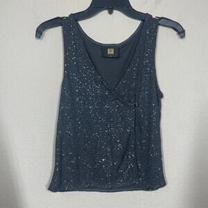 TC Laughlin NYC Size Small V Neck Glitter Wrap Top Blouse Gray Sleeveless
